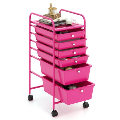GOFLAME 6-Drawer Rolling Storage Cart, Multifunctional Art Craft Organizer, Mobile Utility Storage with Removable Drawers & Lockable Wheels, Craft Cart for Home Office, Hot Pink