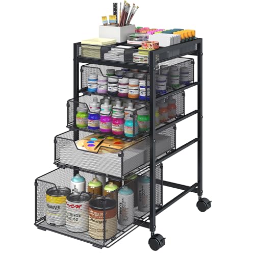 Rolling Utility Cart with 4 Drawers, Craft Organizer and Storage Carts with DIY Divider, Lockable Wheels Storage Organizer for Art Supplies, Store for Brushes & Paints & Artifacts & Small Parts