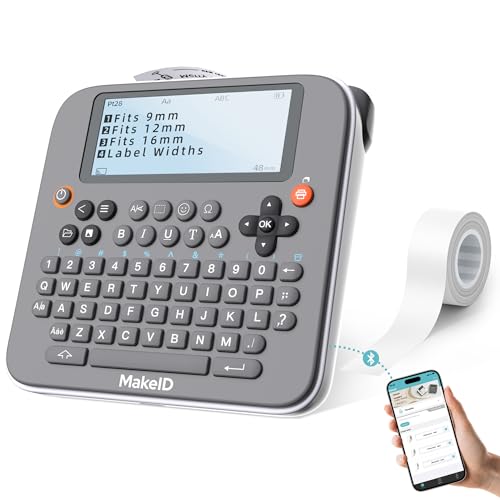 Makeid E1 Portable Label Maker - Bluetooth Compatible Thermal Printer - QWERTY Keyboard, 4.42" LCD Screen - Prints 9mm, 12mm, 16mm Clear Waterproof Sticker Labels - Includes USB Cable