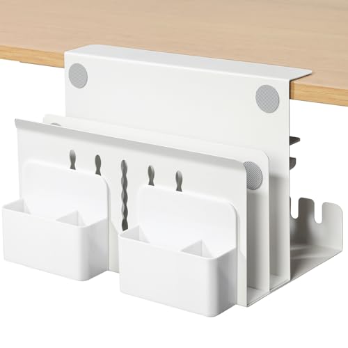 Desk Side Storage, Under Desk Laptop Mount, Table Side Hanging File Organizer, No Drill Clamp On Cable Management Tray, Laptop Holder with Magnetic Pen Holder for Office and Home, Load 22 Lbs