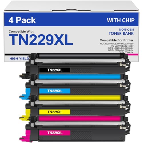 TN229XL TN229 Toner Cartridges 4 Pack MFC-L3780CDW MFC-L3720CDW Compatible for Brother TN229 TN229XL HL-L3280CDW HL-L3220CDW HL-L3300CDW HL-L3295CDW Printer TN 229XL TN-229XLBK/C/M/Y High Yield