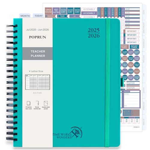 POPRUN Teacher Planner 2025-2026, (Letter Size - 8.5'' x 11'') Academic Lesson Planner (July 2025 - June 2026), with Monthly Tabs, Thick Papers, 2-Sided Pocket, Leather for Teachers, Turquoise Green