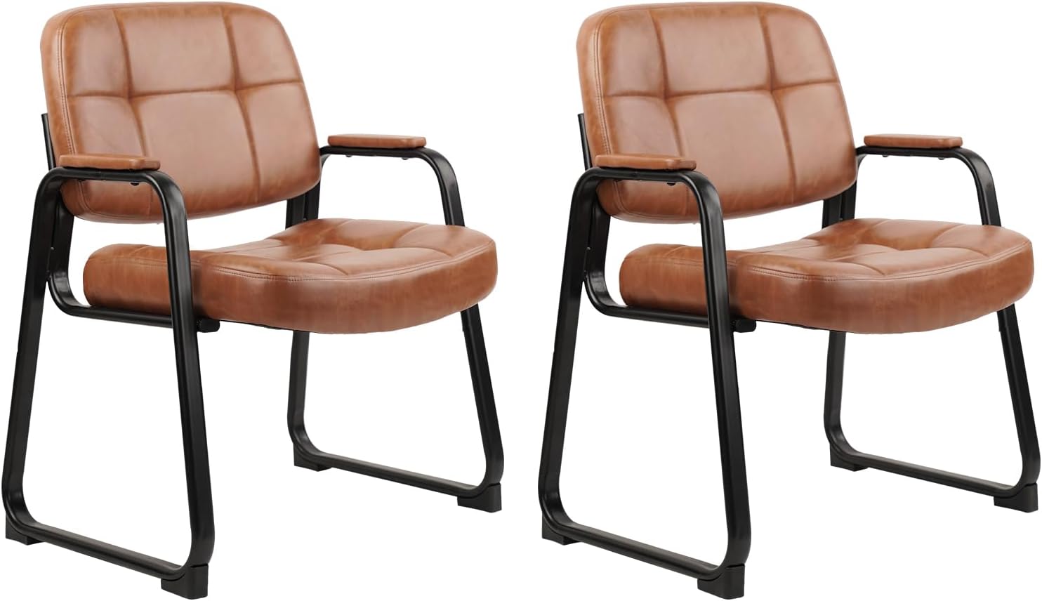 CLATINA Big & Tall 400 lb Waiting Room Chairs with Padded Armrests and Sled Base, Leather Stationary No Wheels Office Guest Chair for Reception Lobby Home and Meeting Conference, Brown (2 Pack)