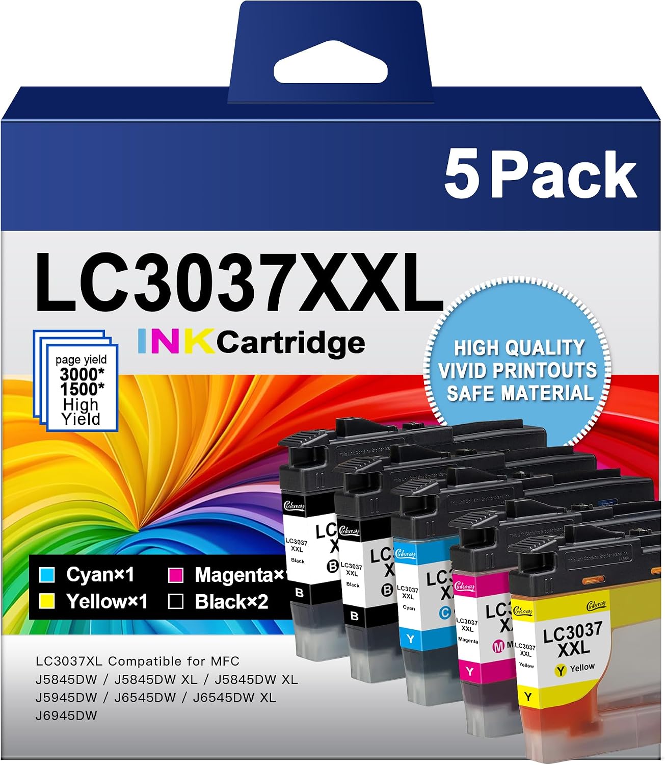 LC3037 LC3037XXL Replacement for Brother LC3037 Ink Cartridges with Super High-Yield Work for MFC-J5945DW MFC-J5845DW MFC-J5845DWXL MFC-J6545DW MFC-J6545DWXL MFC-J6945DW Printers (5 Pack)