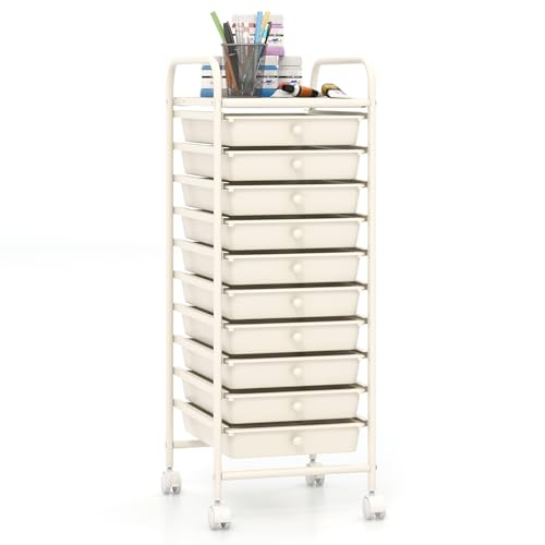 Giantex 10-Drawer Storage Cart w/Universal Wheel, Rolling Cart w/Handle, Home Organizer Storage Unit w/Removable Drawers, Trolley Utility Cart for Kitchen Makeup Living Room Office Play Room, Ivory