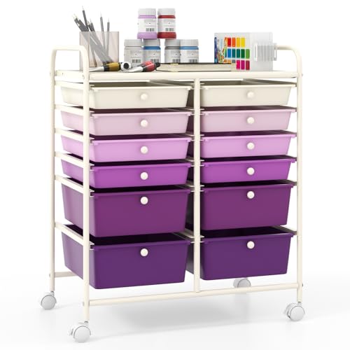 Giantex 12 Drawers Rolling Storage Cart, Classroom Organizers with Wheels for Tools Scrapbook Craft Paper Teacher Office School Supplies (Purple Gradient)