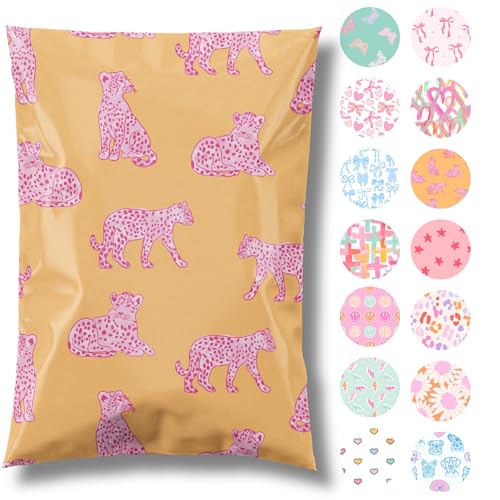 10x13 Designer Poly Mailer 100 Pack Heavy Duty Waterproof Self Seal Shipping Bags for Small Business Large Mailing Envelopes Bulk Tear Resistant Packaging Pink Orange Leopard