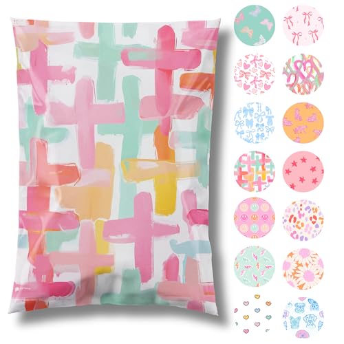 14.5x19 Designer Poly Mailer 100 Pack Heavy Duty Waterproof Self Seal Shipping Bags for Small Business Large Mailing Envelopes Bulk Tear Resistant Packaging Pastel Crosses Faith