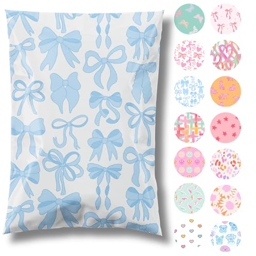 14.5x19 Designer Poly Mailer 100 Pack Heavy Duty Waterproof Self Seal Shipping Bags for Small Business Large Mailing Envelopes Bulk Tear Resistant Packaging Blue Bows