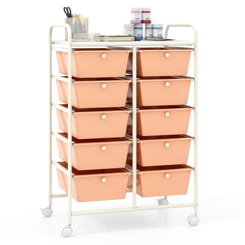 Giantex 10 Drawers Rolling Cart, Classroom Organizers, Storage Cart with Wheels, for Teacher Office Home School Supplies Tool Craft Art Paper, Peach Fuzz