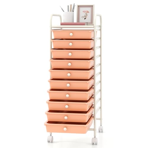 GOFLAME 10-Drawer Rolling Storage Drawer Cart, Utility Cart with Removable Drawers & Metal Frame, Mobile Art Craft Drawer Cart with Lockable Wheels for Home, Office, Studio, School, Peach Fuzz