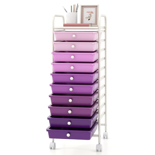 GOFLAME 10-Drawer Rolling Storage Drawer Cart, Utility Cart with Removable Drawers & Metal Frame, Mobile Art Craft Drawer Cart with Lockable Wheels for Home, Office, Studio, School, Purple Gradient