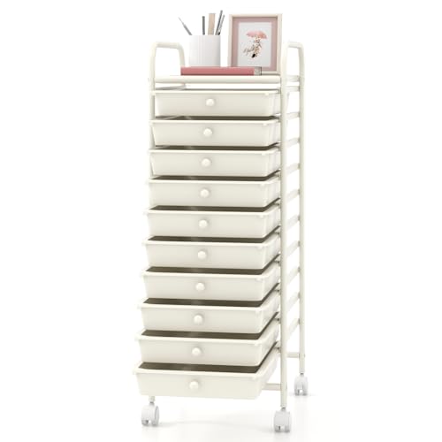 GOFLAME 10-Drawer Rolling Storage Drawer Cart, Utility Cart with Removable Drawers & Metal Frame, Mobile Art Craft Drawer Cart with Lockable Wheels for Home, Office, Studio, School, White