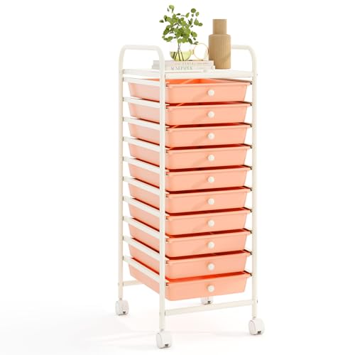 RELAX4LIFE 10 Drawer Rolling Cart - Slim Storage Cart w/Lockable Wheels for Classroom School Teacher Office, Art Supplies Paper Scrapbook Craft Organizers, Utility Cart with Drawers (Peach Pink)