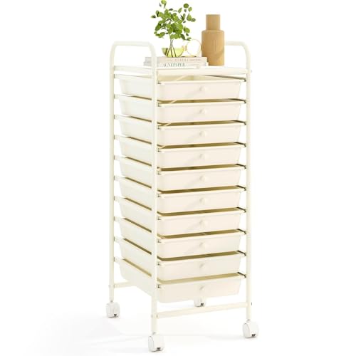 RELAX4LIFE 10 Drawer Rolling Cart - Slim Storage Cart w/Lockable Wheels for Classroom School Teacher Office, Art Supplies Paper Scrapbook Craft Organizers, Utility Cart with Drawers (White)