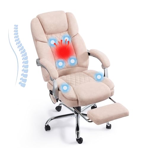 HOMREST 4-Point Massage Office Chair with Footrest, Heated Executive Office Chair with Reclining Backrest, Velvet Ergonomic Computer Desk Chair with Padded Armrest,Pink