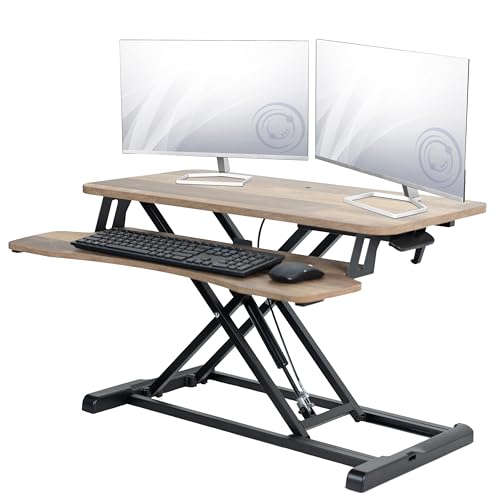 VIVO 32 inch Desk Converter, K Series, Height Adjustable Sit to Stand Riser, Dual Monitor and Laptop Workstation with Wide Keyboard Tray, Reclaimed Wood Top, Black Frame, DESK-V000KP