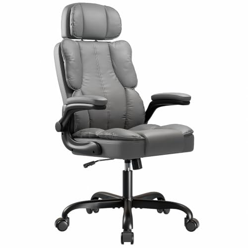 Executive Leather Office Chair, Computer Chair with Thick Cushion & Lumbar Support, Ergonomic Desk Chair with Adjustable Headrest & Armrests,Grey