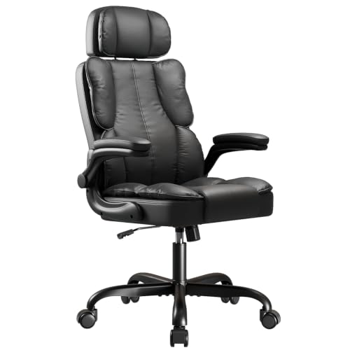 Executive Leather Office Chair, Computer Chair with Thick Cushion & Lumbar Support, Ergonomic Desk Chair with Adjustable Headrest & Armrests,Black