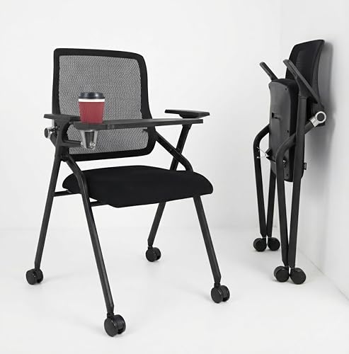 Updated Conference Room Chairs with Tablet Arm, Folding Office Desk Chair with Lumbar Support and Sliding Armrest with Casters, Stackable Office Guest Chairs & Reception Chairs, 1 Pack Black