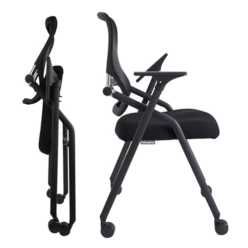 Updated Conference Room Chairs, Folding Office Desk Chair with Lumbar Support and Sliding Armrest with Casters, Stackable Office Guest Chairs & Reception Chairs, 1 Pack Black