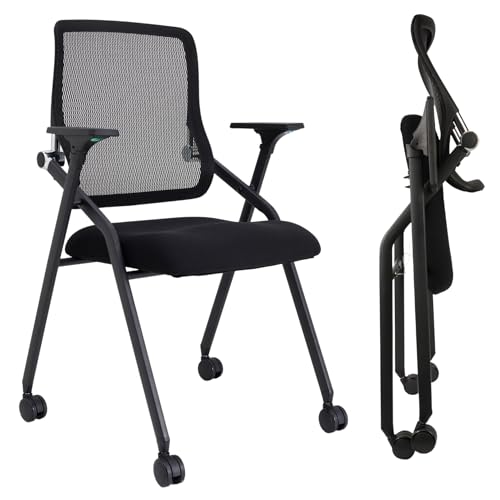 Updated Conference Room Chairs, Folding Office Desk Chair with Lumbar Support and Sliding Armrest with Casters, Stackable Office Guest Chairs & Reception Chairs, 10 Pack Black