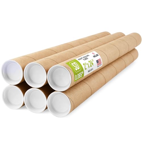2" x 24" Reinforced Kraft Paper Mailing Tubes, Pack of 6 Tubes with 2 Caps Each  USPS Approved Poster Tube  Made in USA Cardboard Tube for Shipping and Storing Posters, Prints, Artwork, or Documents
