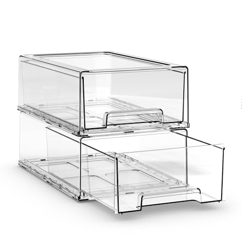 2 Pack Plastic Drawer Storage, Clear Stackable Storage Drawers Large Storage Bins with Drawers, Acrylic Drawer Organizer for Office Supplies, Desktop, Craft, Pantry, Shelves, Bathroom, Under Sink