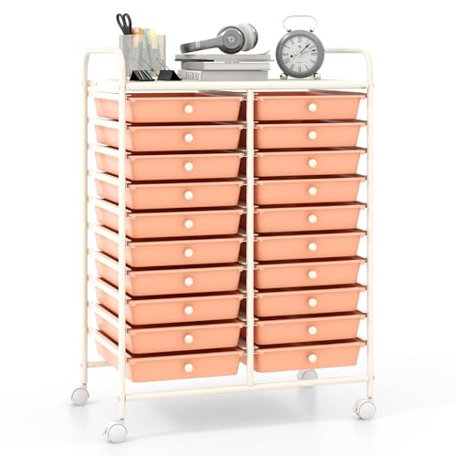 Giantex 20 Drawers Rolling Cart, Mobile Storage Drawer Cart, Classroom Organizer for Office School Supplies Tools Scrapbook Paper Craft Small Printer, Utility Stand on Wheels, Peach