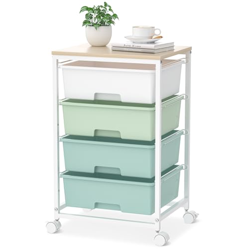 Utility Cart with 4 Drawers,Rolling Storage Cart with Drawers,Storage Rolling Drawer Cart with Wooden Tabletop for Bedroom,Kid's Room,Dorm,Classroom,Office,Green