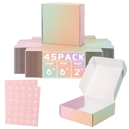 6x6x2 Inch Small Shipping Boxes, 45 Pack Colourful Cardboard Boxes for Small Business, Mailers Crafts, Packaging Literature