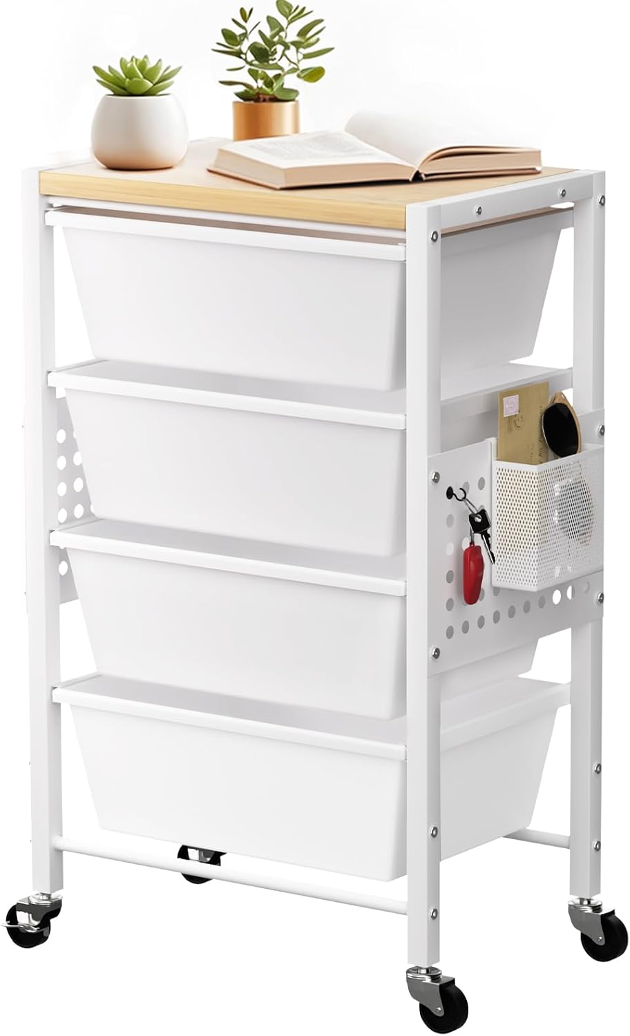 Rolling Cart with 4 Drawers, Plastic Drawer Storage Carts with Lockable Wheels & Wooden Tabletop, Metal Utility Cart with Pegboards, Office Living Room Classroom Craft Organization and Storage, White