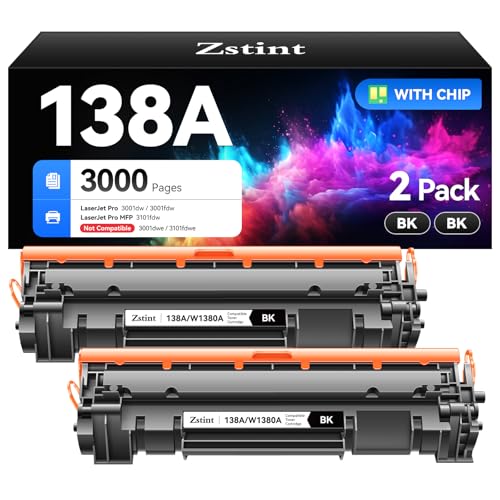 138A W1380A Black Toner Cartridge Set 2-Pack High Yield with Chip Replacement for HP 138A W1380A 138X W1380X Cartridge Compatible with HP Laser Jet Pro 3001dw 3001fdw MFP 3101fdw Series Printer Toner