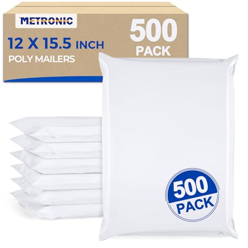 Metronic Poly Mailers 12x15.5 500pcs White Shipping Bags for Clothes Bulk,Self Adhesive Shipping Envelopes for Small Business,Waterproof Mailers Poly Bags for Shipping,Packaging Mailing Bags