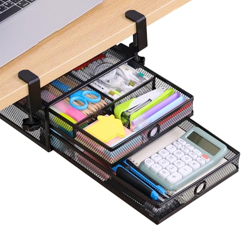 2-Tier Clamp-On Mesh Organizer, Under Desk Storage with Slide-Out Tray, No Drilling Tool-Free Installation, Durable Rust-Resistant Metal, Large-Capacity Organizer.