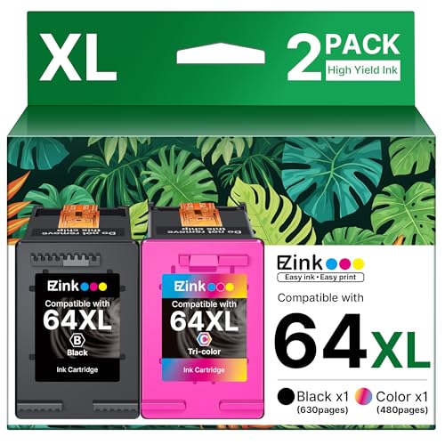 64XL Ink Cartridges Black and Color Combo Pack Remanufactured for HP Ink 64 64XL 64 XL Ink to use with HP Envy Photo 7855 7858 7155 7120 7158 7164 6255 Tango X Printers (1 Black, 1 Tri-Color)