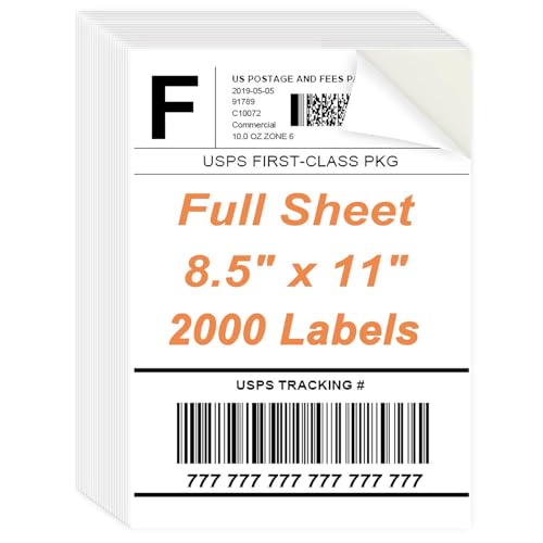 8.5" x 11" Sticker Paper for Inkjet Printers - 2000 Sheets Full Sheet Shipping Labels Printable Full Page Labels 8.511 White Sticker Paper for Laser Printing - Matte
