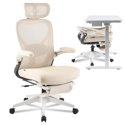 FLEXISPOT Foldex Ergonomic Office Chair, Folding Chair for Small Spaces with Lumbar Support, Flip-up Armrests, 3D Headrest, Desk Chairs with Footrest for Work,Video Game (Foam Seat, Cream)