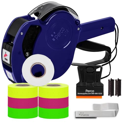 Perco Lite 1 Line Price Gun Kit - Includes 2 Rolls Each of Yellow, Fluorescent Green & Fluorescent Pink Labels, 1 Roll of White Labels (Preloaded), 1 Scraper, 2 Ink Rollers (1 Preloaded) & 1 Gun Clip