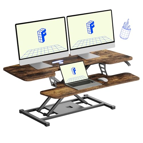 FLXISPOT 42-inch Standing Desk Converter, Sit to Stand Dual Monitor and Laptop Workstation with Wide Keyboard Tray, Rustic Color
