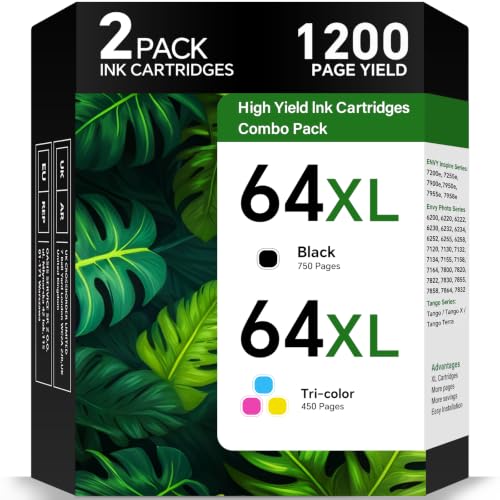 64 XL Ink Cartridges Combo Pack Replacement for HP Ink 64 64XL Black and Color for Printer-Ink for HP64 XL Work with Envy Inspire 7955e 7900e 7255e Envy Photo 7855 7155 7858 7800 Tango Series (2 Pack)