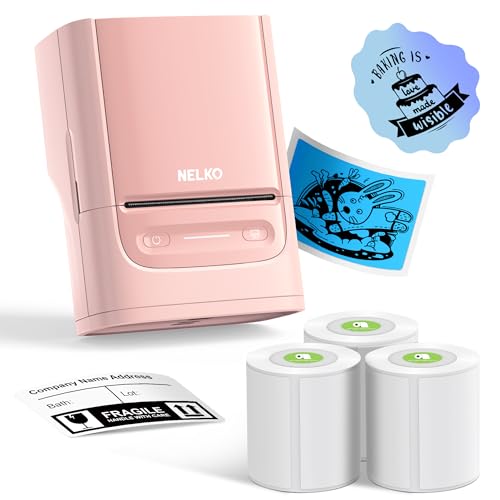Nelko Label Maker Machine with Tape, PM220 Bluetooth Label Printer, 2 Inch Portable Thermal Printer for Small Business, Logo, Clothing, Sticker Printer for Phones & PC, with 3 Labels, Pink