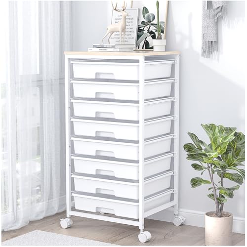 Rolling Storage Cart with Drawers,Utility Cart With 8 Drawers and Wooden Tabletop,Rolling Drawer Cart,Storage Drawer Cart for Living Room,Classroom,Bedroom,Bathroom,Dorm,Office,White