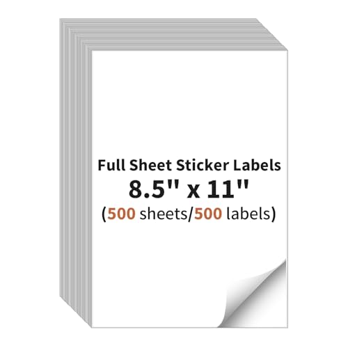 Full Sheet Sticker Labels, 8.5" x 11" Shipping Labels Paper (500 Sheets, 500 Labels), Self Adhesive Full Sheet White Matte Label Paper, Address Sticker Labels for Laser & Inkjet Printer