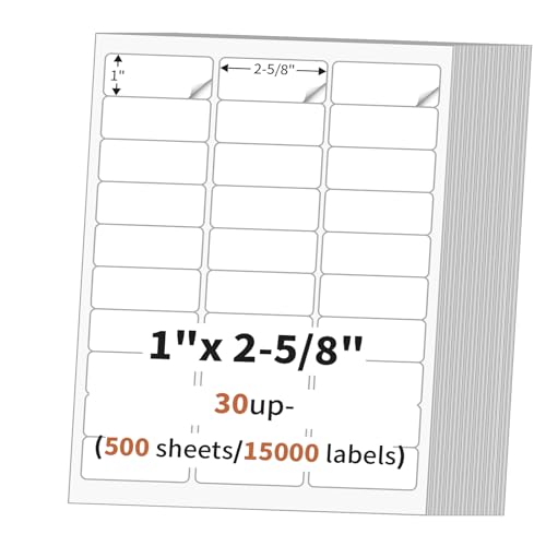 1" x 2 5/8" (500 Sheets) Address Labels, Labels Sticker Paper for Laser/Ink Jet Printer, Printable and Writable White Sticker Labels- Matte, 30 per Page Labels (Total 15000 Labels)