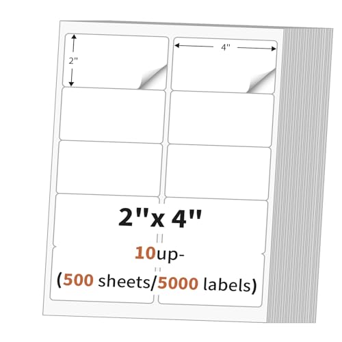 2"x 4" (500 Sheets) Address Labels Sticker Paper for Laser/Ink Jet Printer, Printable and Writable White Sticker Label- Matte, 10 per Page Label (Total 5000 Labels)