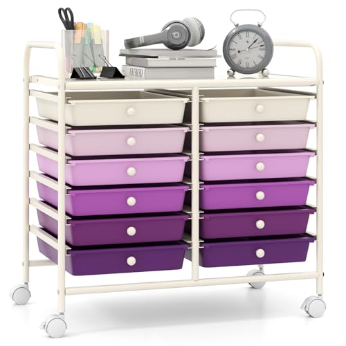 Giantex 12 Drawers Rolling Cart, Mobile Storage Drawer Cart, Classroom Organizer Cart for Office School Supplies Tools Scrapbook Paper Craft Small Printer, Utility Cart on Wheels, Purple Gradient
