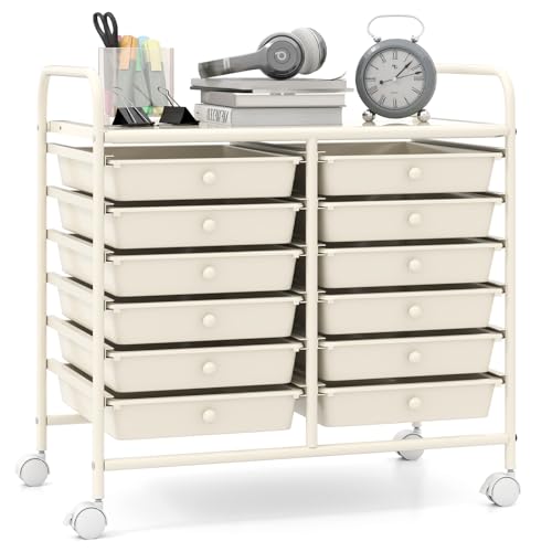 Giantex 12 Drawers Rolling Cart, Mobile Storage Drawer Cart, Classroom Organizer Cart for Office School Supplies Tools Scrapbook Paper Craft Small Printer, Utility Cart on Wheels, White