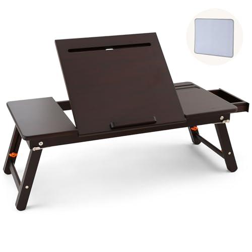 Nnewvante Laptop Bed Desk Bamboo Lap Table with Tablet Slot Height & Angle Adjustable Computer Lap Desk with Drawer Breakfast Serving Tray for Bed Floor, Black Walnut