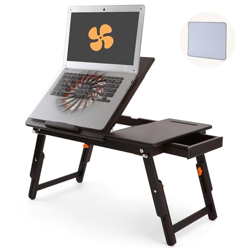 Laptop Desk for Bed with Fan Nnewvante 7 Angles & 4 Heights Adjustable Bamboo Laptop Table Foldable Lap Desk with Drawer and Phone Slot for Bed Floor Sofa, Black Walnut